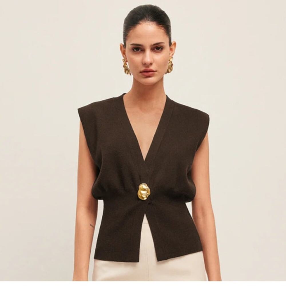 Commense Dark Brown Gold Button Sweater Vest XL NWT - Quiet Luxury